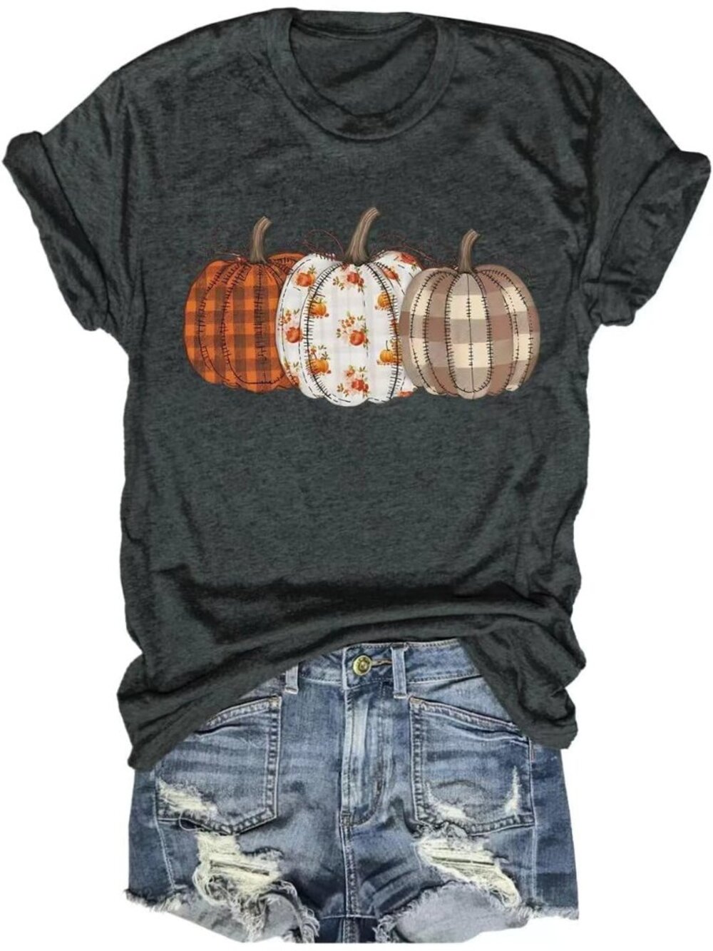 🆕 Womens Dark Gray Pumpkin Graphic Tee Fall Short Sleeve Casual T Shirt